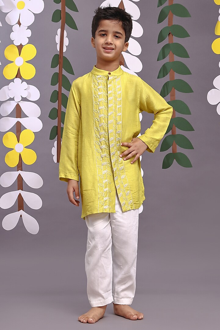 Pista Green Bamberg Silk Thread Embroidered Achkan Kurta Set For Boys by La Dee Da at Pernia's Pop Up Shop