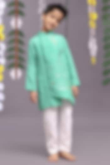 Green Bamberg Silk Embroidered Kurta Set For Boys by La Dee Da at Pernia's Pop Up Shop