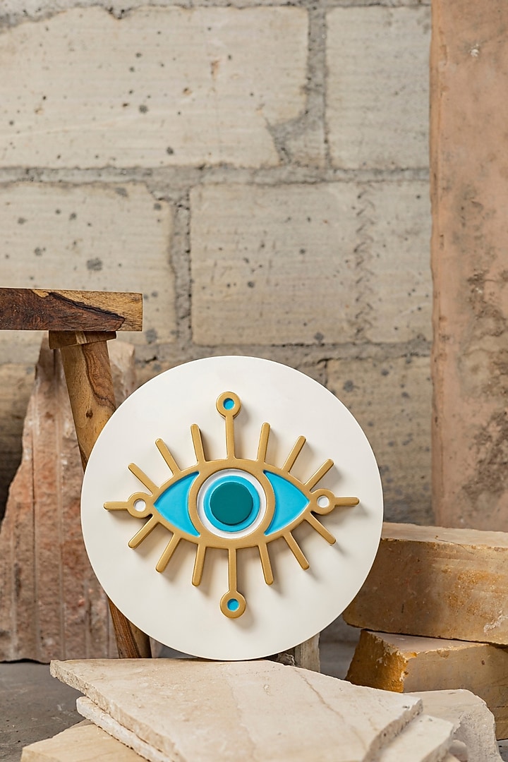 White & Gold Engineered Wood Nazar Battu Wall Art by La Dimora Selections at Pernia's Pop Up Shop