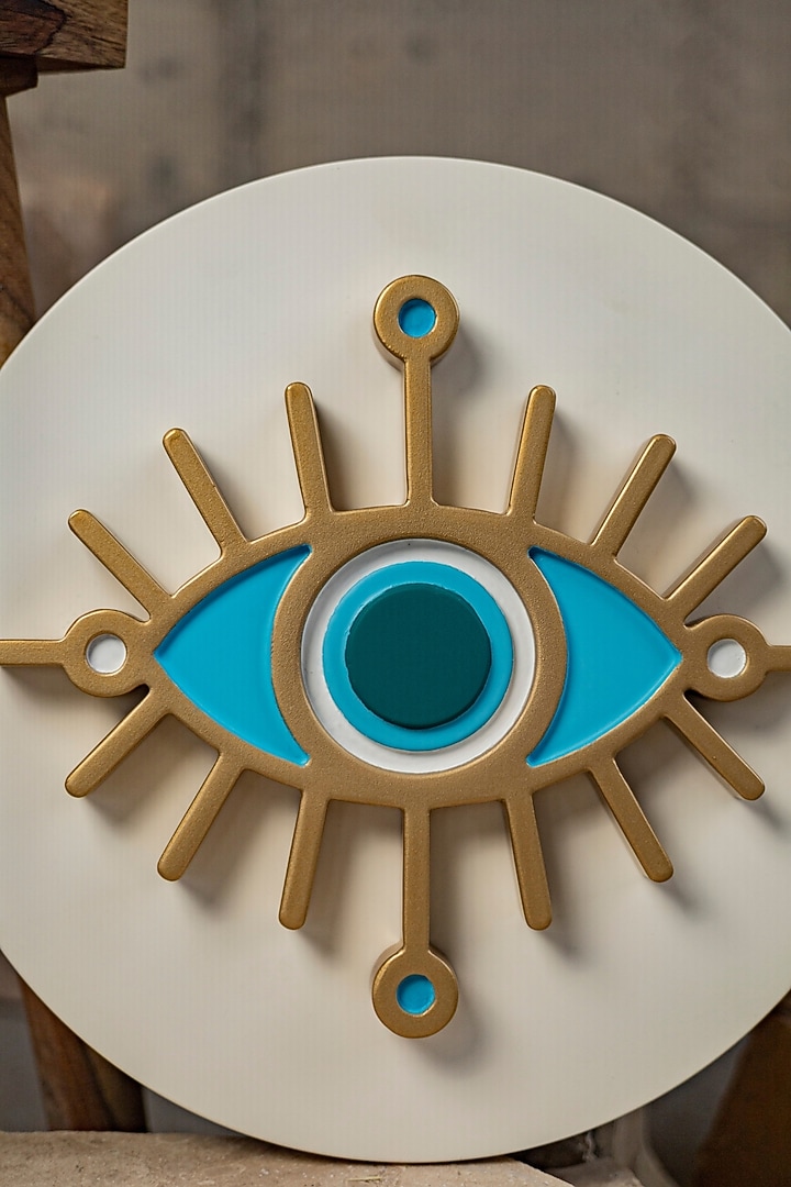 White & Gold Engineered Wood Nazar Battu Wall Art by La Dimora Selections at Pernia's Pop Up Shop