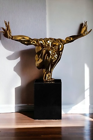 Gold Iron & Marble Jump Man Sculpture by La Dimora Selections