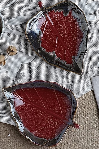 Red Ceramic Handcrafted Leaf Platter Set by La Dimora Selections
