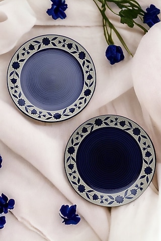 Blue Ceramic Handcrafted Floral Dinner Plate Set by La Dimora Selections
