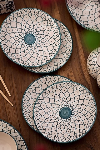 Green & White Ceramic Handcrafted Quarter Plate Set by La Dimora Selections