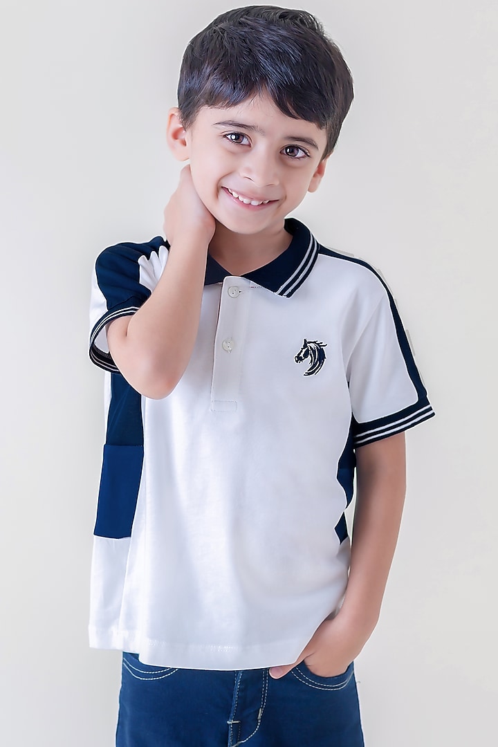 White & Navy Blue Cotton Polo T-shirt For Boys by LADORE