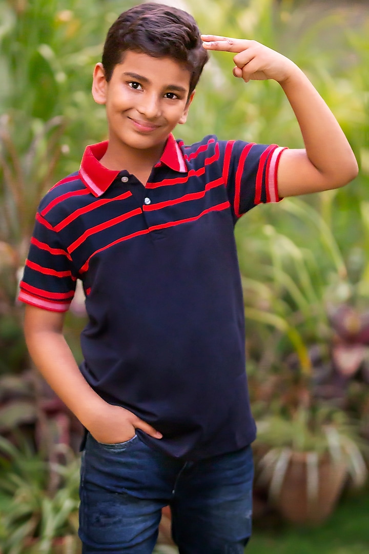 Red & Navy Blue Cotton Polo T-Shirt by LADORE