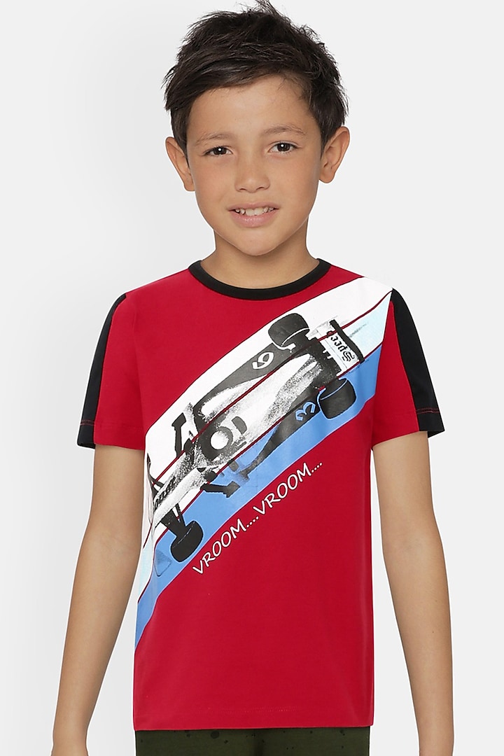 Red Cotton & Spandex T-Shirt For Boys by LADORE
