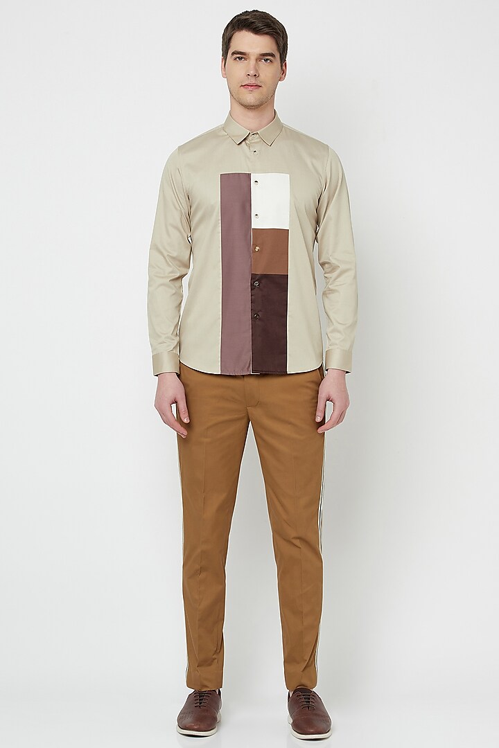 Beige Color Blocked Shirt by Lacquer Embassy