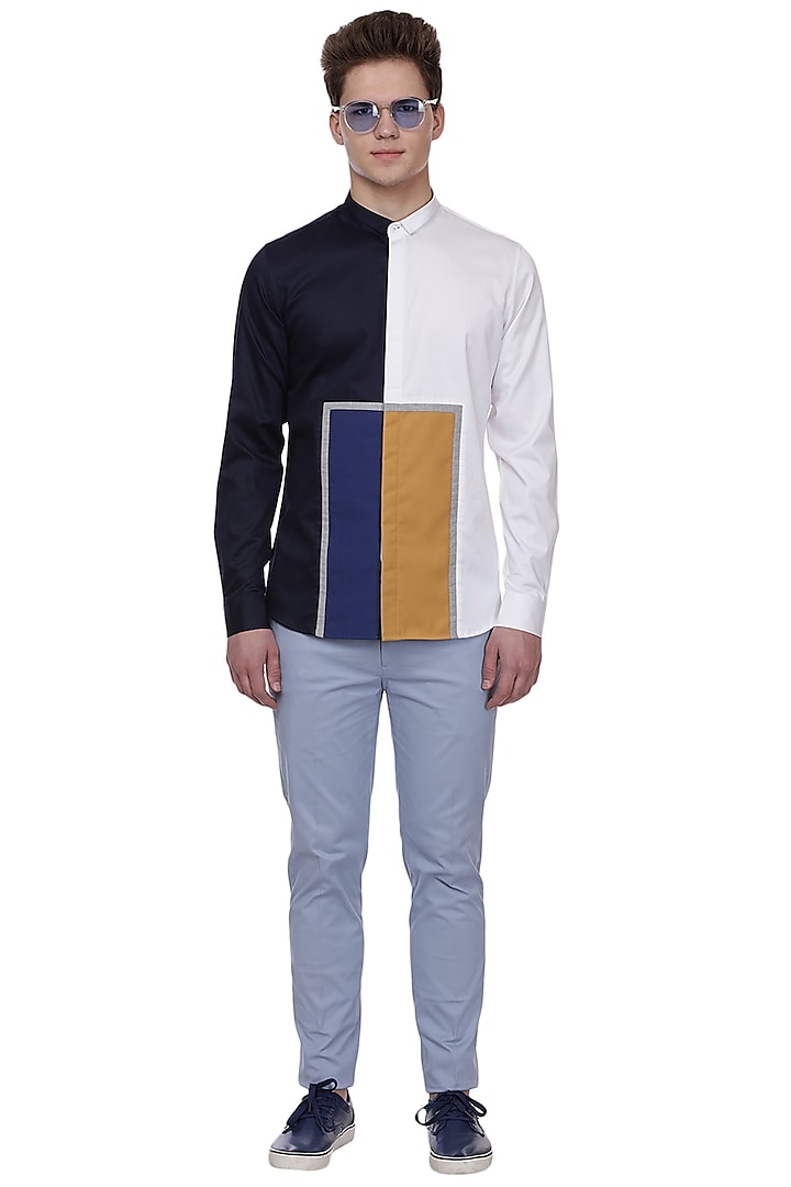 Blue & White Color Blocked Shirt by Lacquer Embassy
