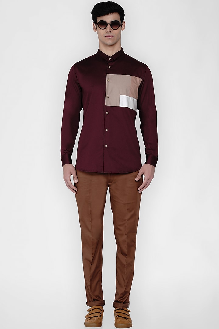 Maroon Color Blocked Shirt by Lacquer Embassy