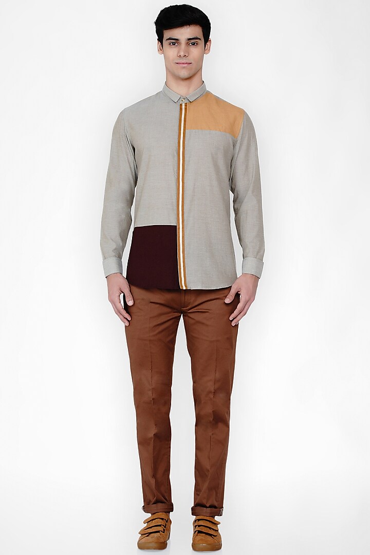 Beige Cotton Color Blocked Shirt by Lacquer Embassy