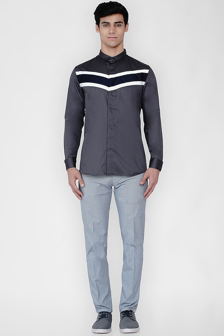 Dark Grey Color Blocked Shirt by Lacquer Embassy