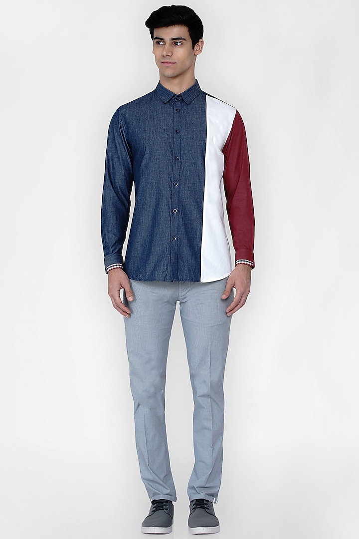 Blue Cotton Color Blocked Shirt by Lacquer Embassy