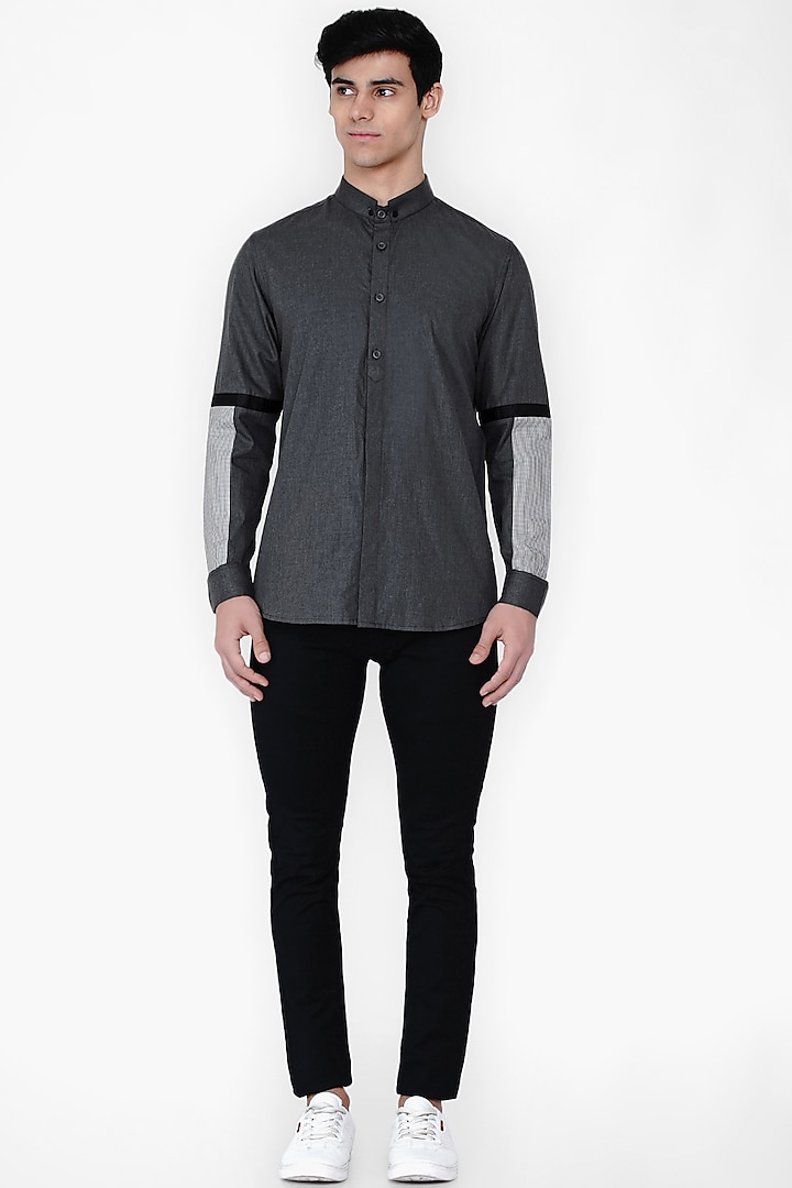 Dark Grey Color Blocked & Patterned Shirt by Lacquer Embassy
