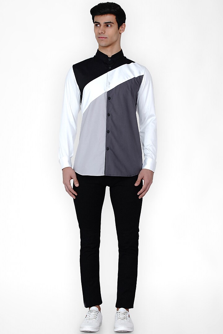 White Cotton Satin Color Blocked Shirt by Lacquer Embassy