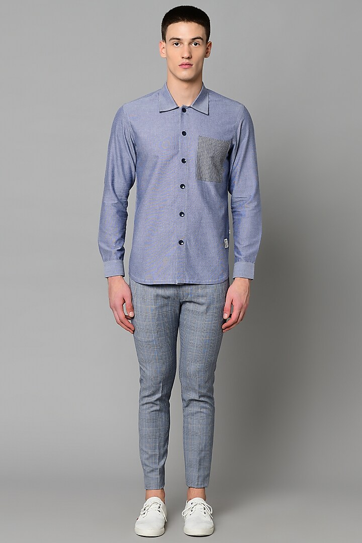 Blue Chambray Cotton Shirt With Striped Pocket by Lacquer Embassy