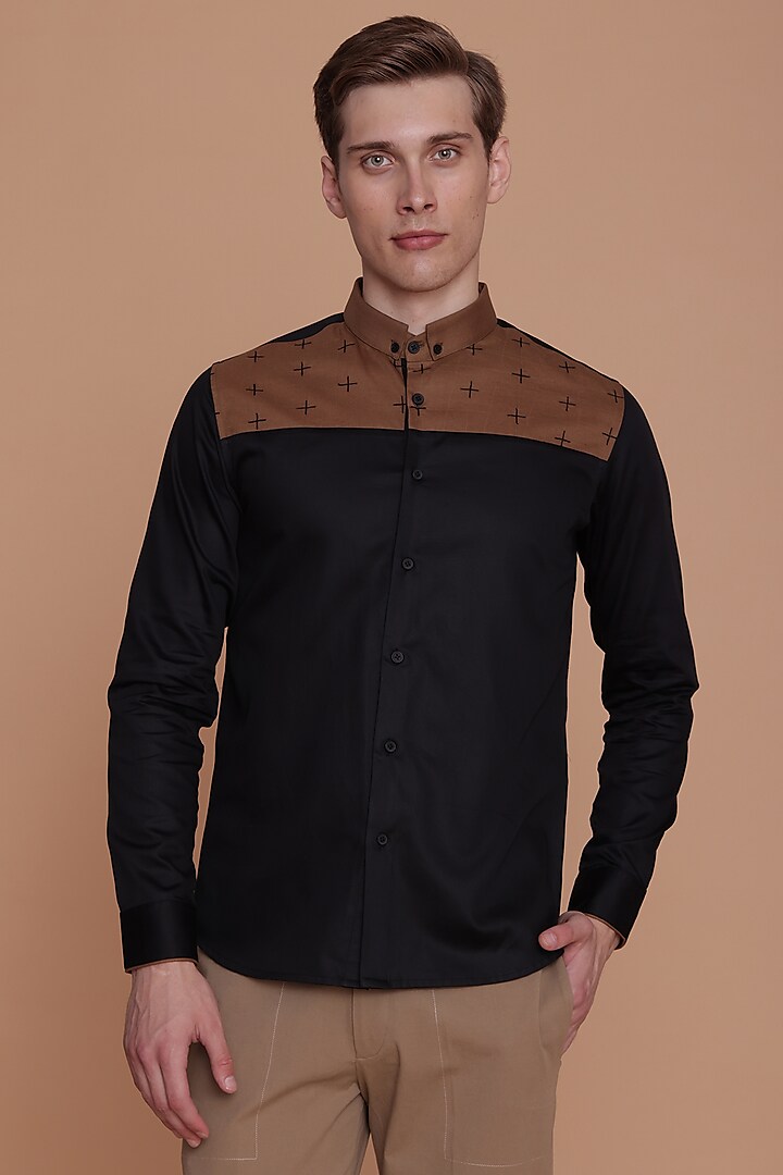 Black Cotton Satin Hand Embroidered Shirt by Lacquer Embassy