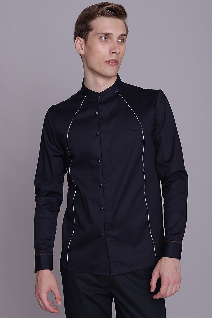 Navy Cotton Satin Shirt by Lacquer Embassy