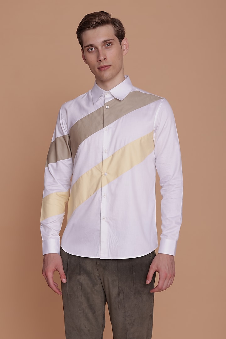 White Cotton Satin Color-Blocked Shirt by Lacquer Embassy