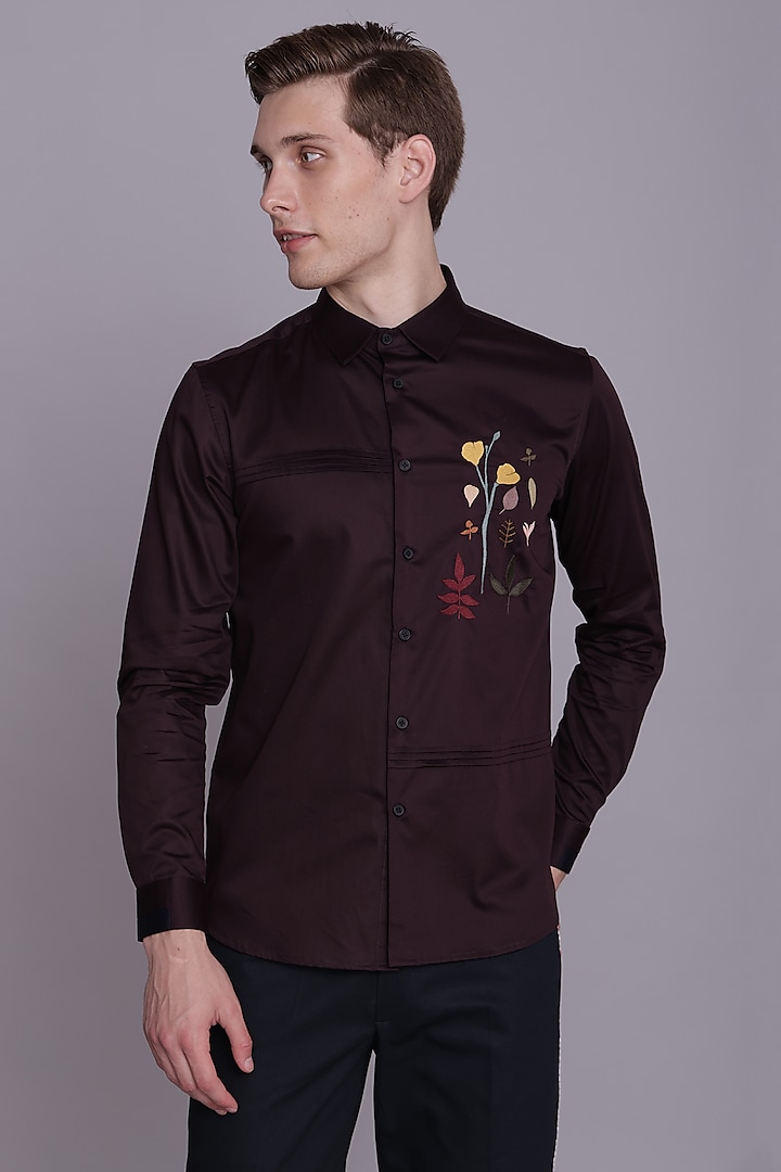 Wine Cotton Satin Floral Embroidered Shirt by Lacquer Embassy
