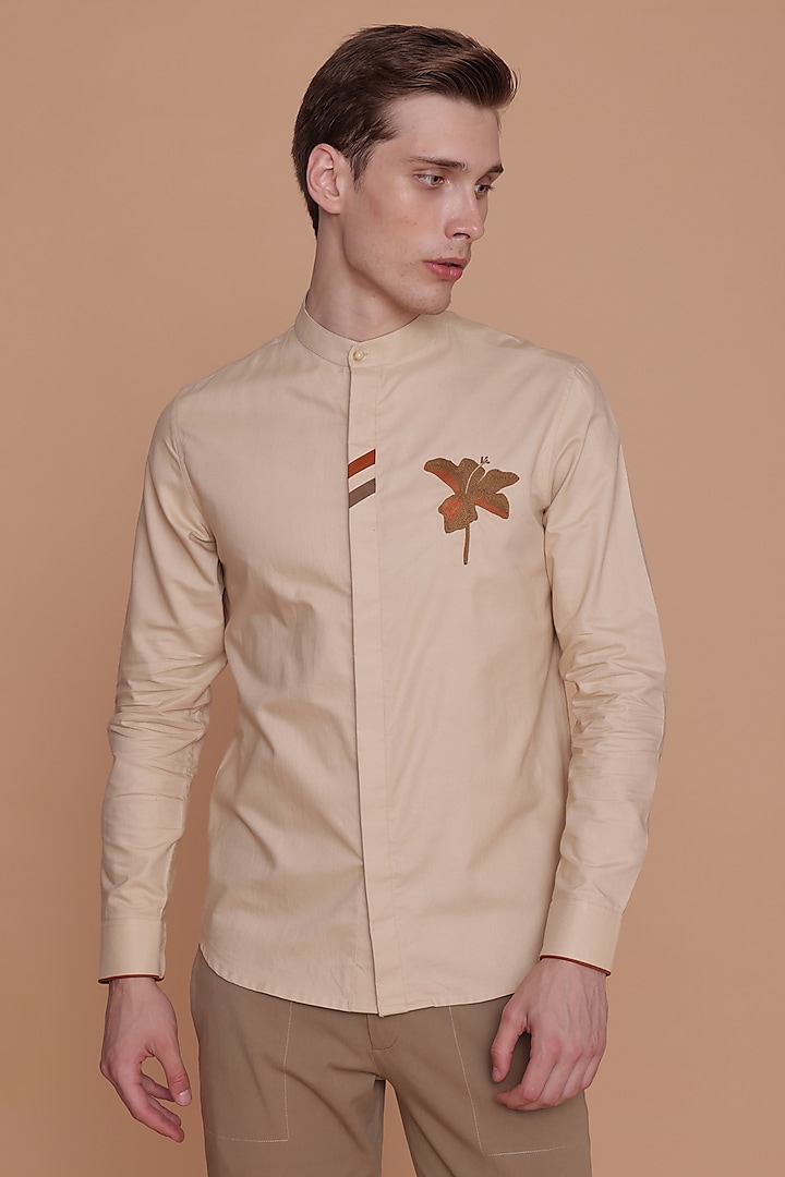 Beige Cotton Satin Floral Embroidered Shirt by Lacquer Embassy