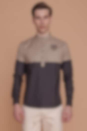 Grey Cotton Color-Blocked & Hand Embroidered Shirt by Lacquer Embassy