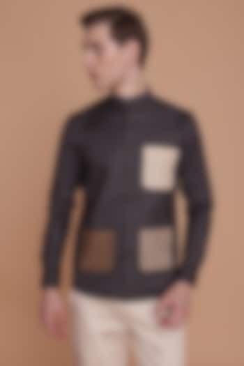 Dark Grey Cotton Color-Blocked Shirt by Lacquer Embassy