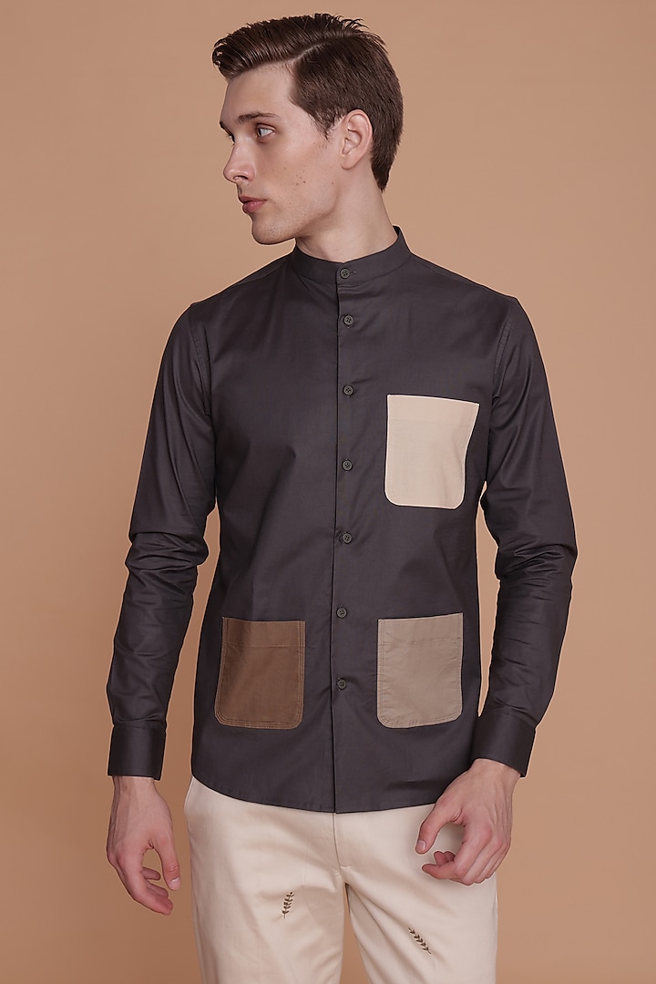 Dark Grey Cotton Color-Blocked Shirt by Lacquer Embassy