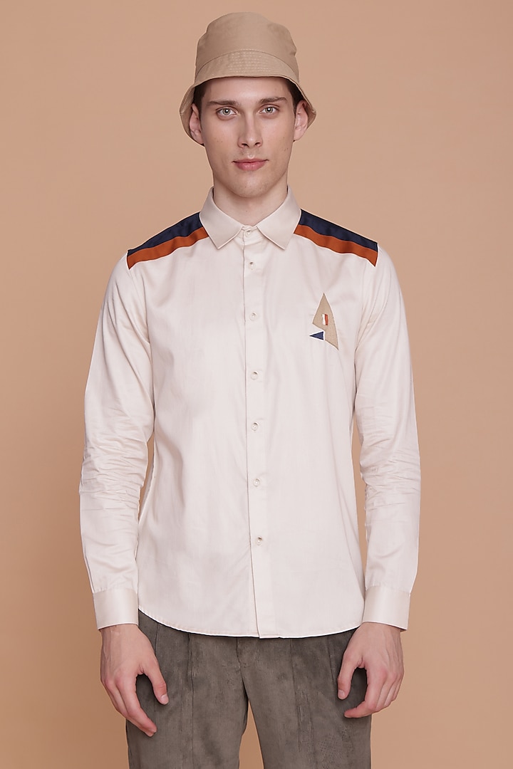 Ecru Cotton Satin Hand Embroidered Shirt by Lacquer Embassy
