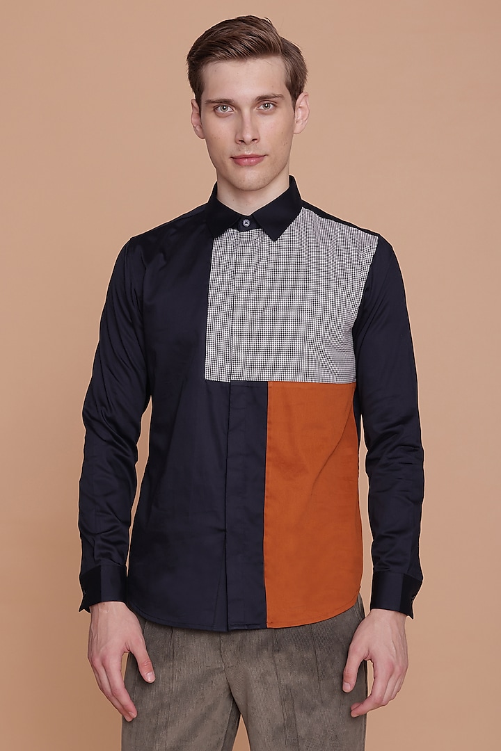 Navy Cotton Satin Color-Blocked Shirt by Lacquer Embassy