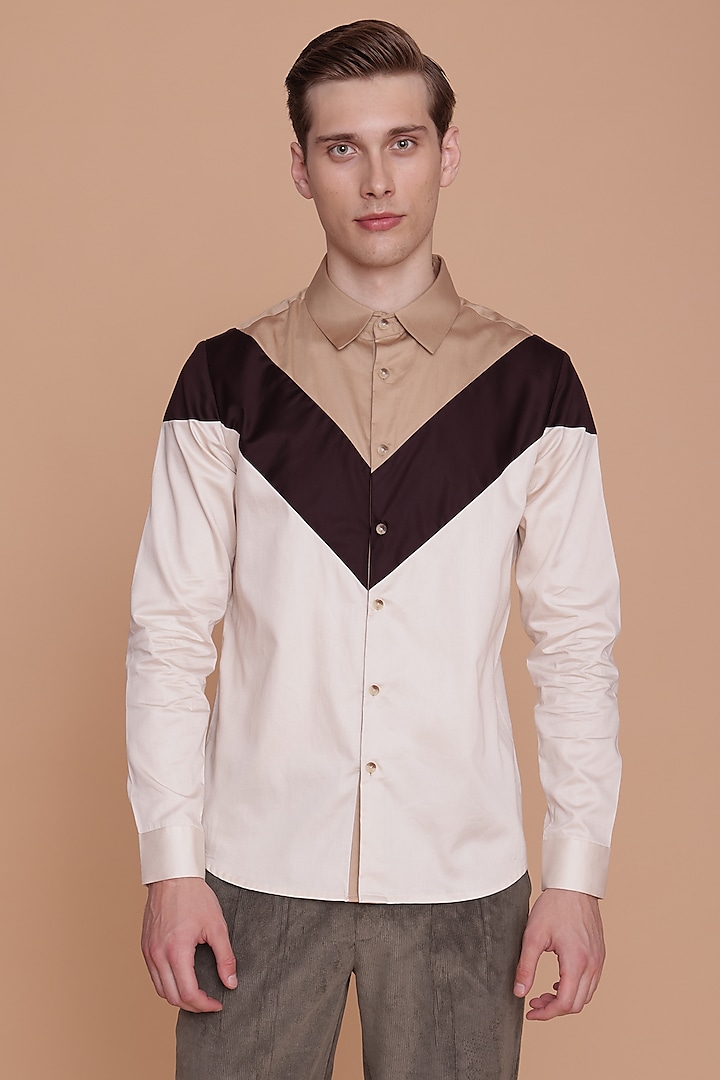 Ecru Cotton Satin Color-Blocked Shirt by Lacquer Embassy