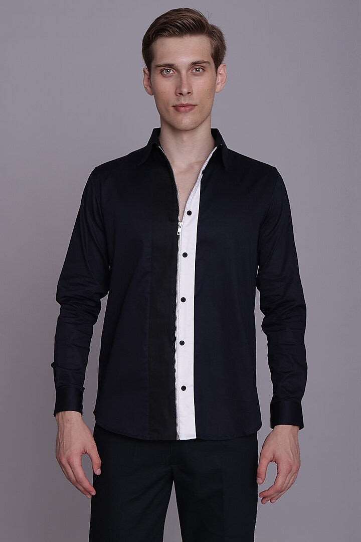 Navy Cotton Satin Shirt by Lacquer Embassy