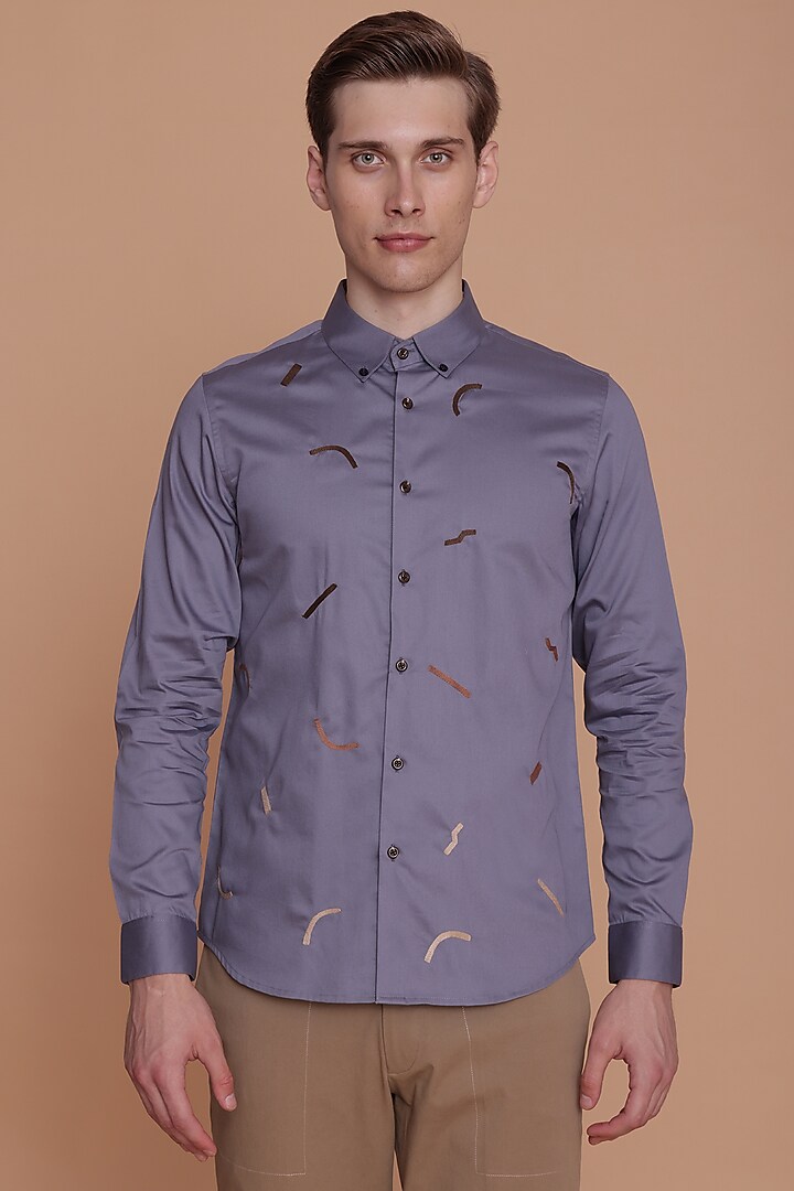 Khaki Blue Hand Embroidered Cotton Shirt by Lacquer Embassy