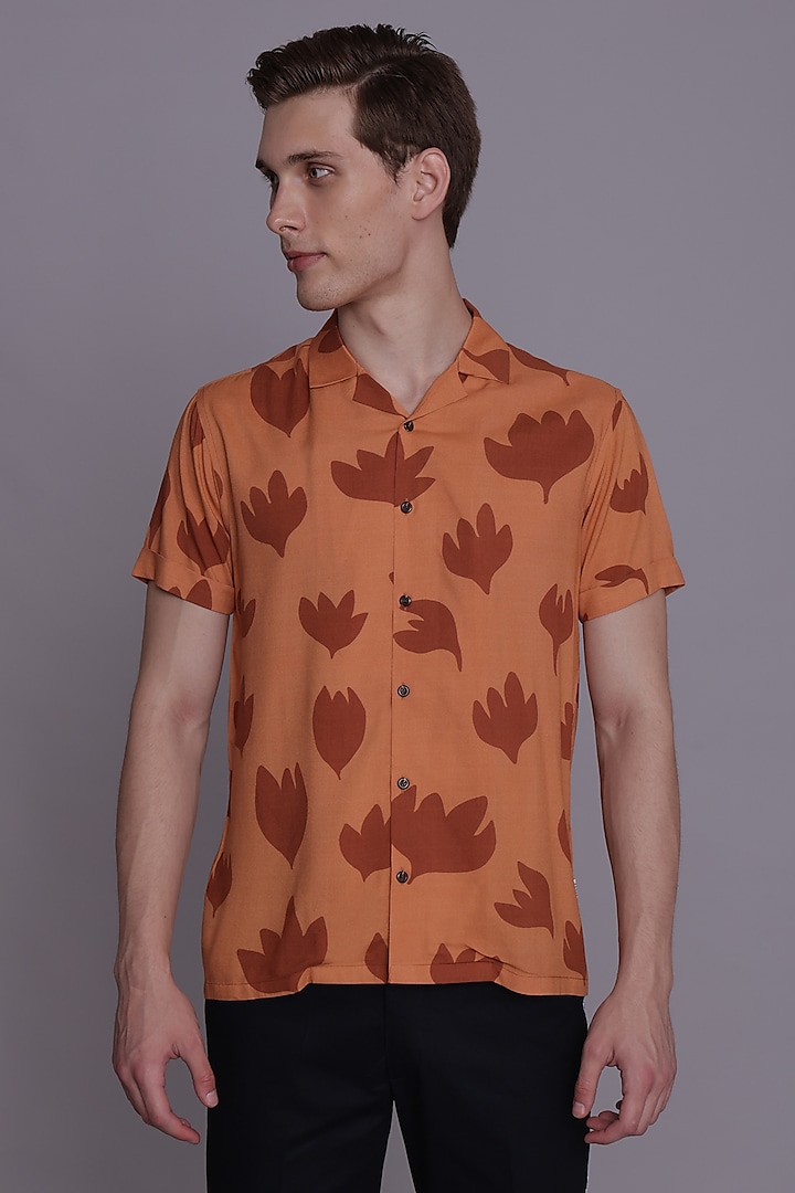 Orange Rayon Floral Printed Shirt by Lacquer Embassy