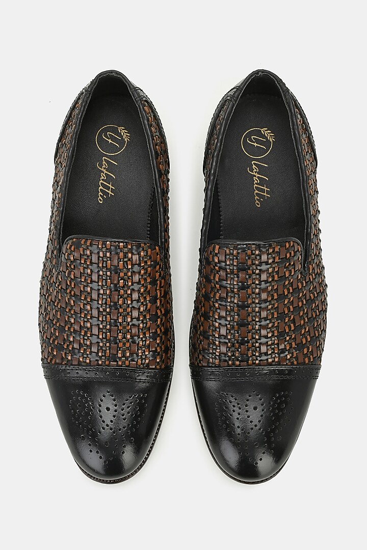 Black Leather Handpainted Semi-Brogue Loafers by LAFATTIO at Pernia's Pop Up Shop