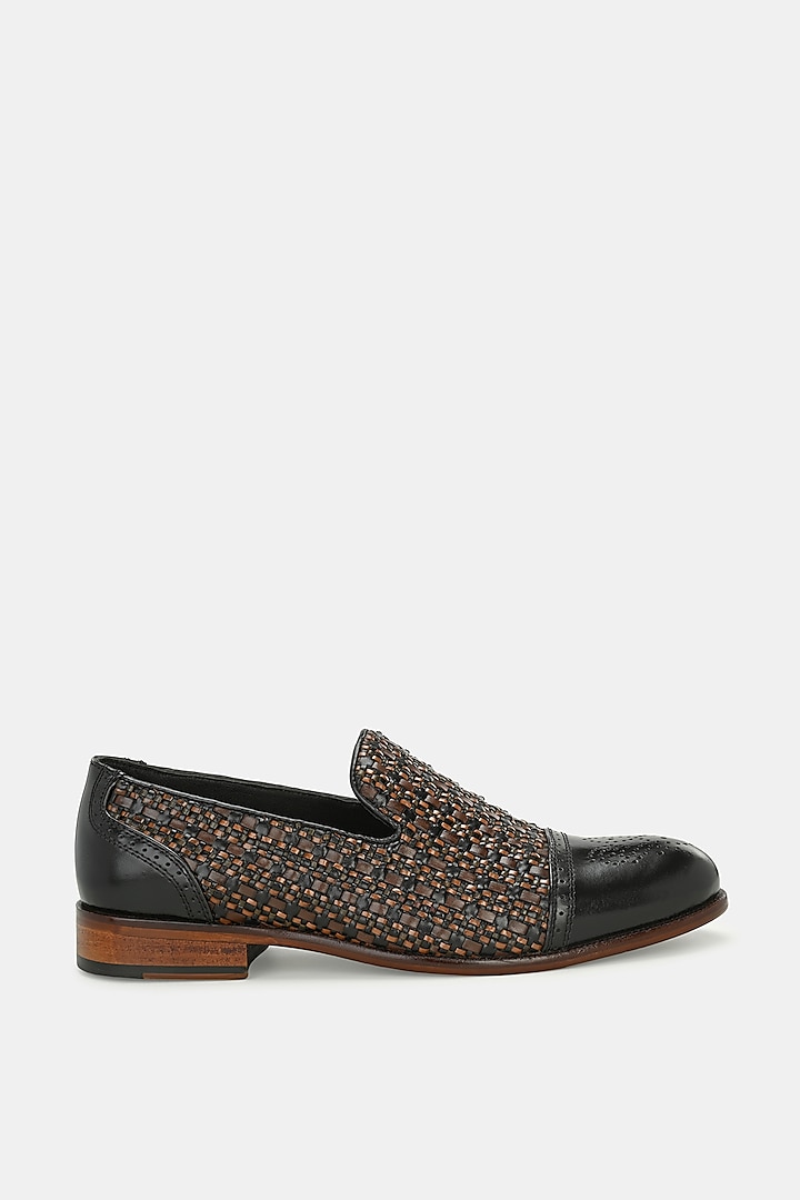 Black Leather Handpainted Semi-Brogue Loafers by LAFATTIO