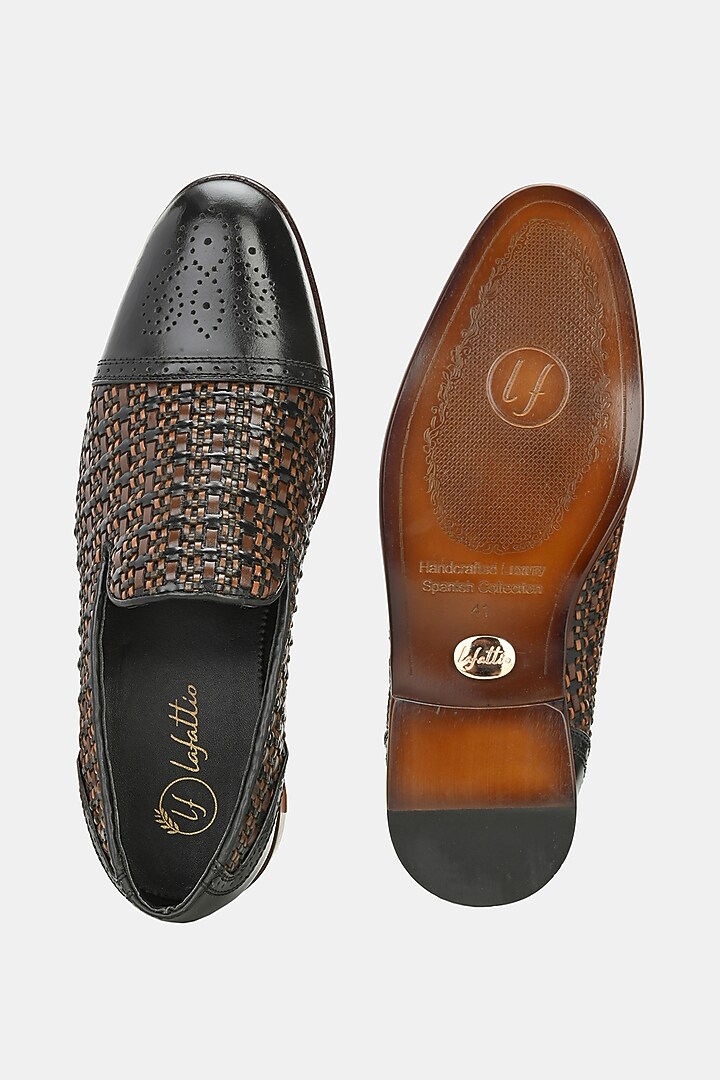 Black Leather Handpainted Semi-Brogue Loafers by LAFATTIO at Pernia's Pop Up Shop