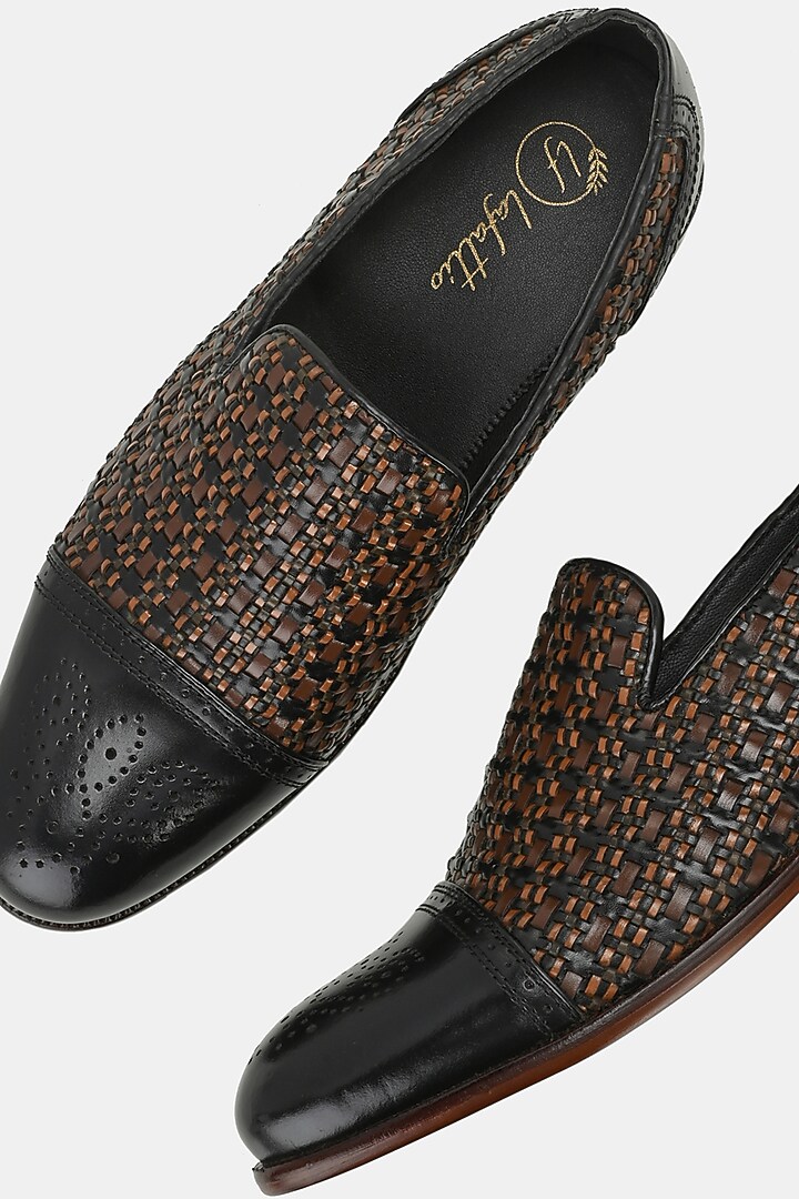 Black Leather Handpainted Semi-Brogue Loafers by LAFATTIO at Pernia's Pop Up Shop
