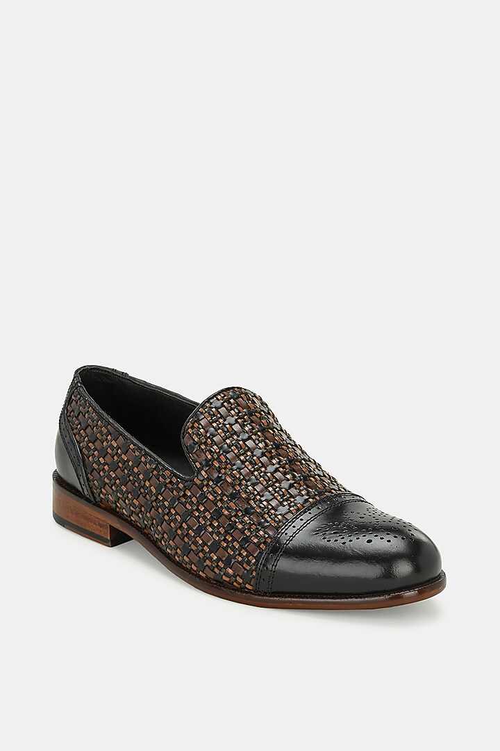 Black Leather Handpainted Semi-Brogue Loafers by LAFATTIO at Pernia's Pop Up Shop