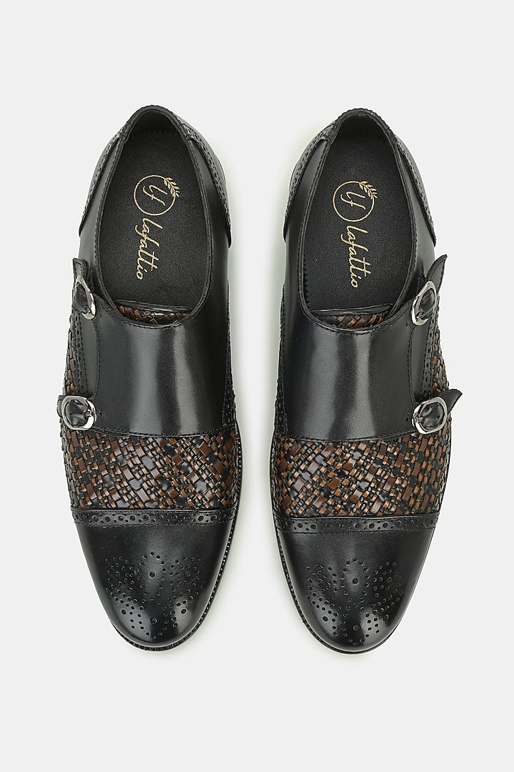 Black Leather Handpainted Double Monk Shoes by LAFATTIO