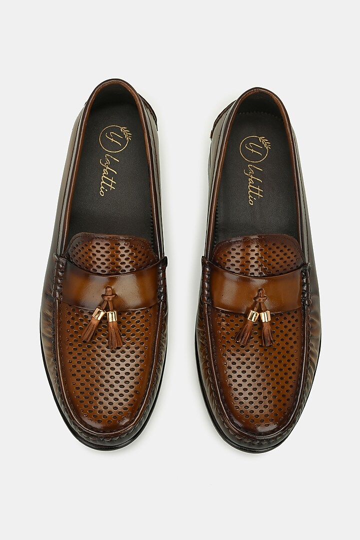 Tan Leather Handpainted Loafers by LAFATTIO at Pernia's Pop Up Shop