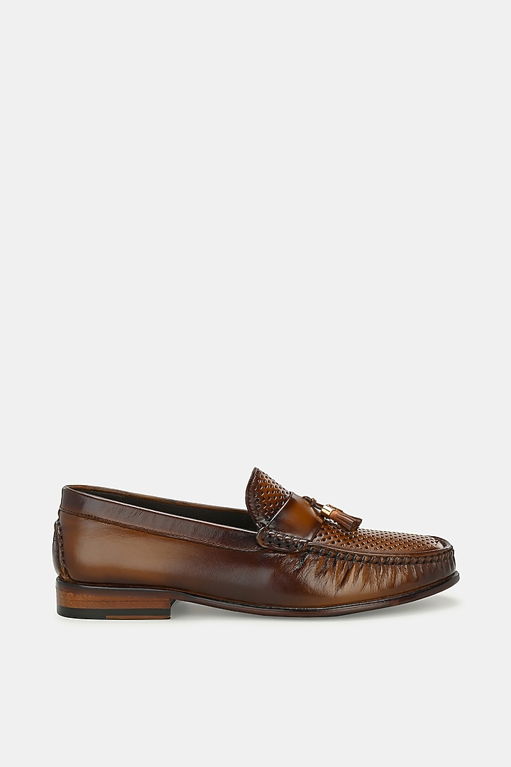 Tan Leather Handpainted Loafers by LAFATTIO at Pernia's Pop Up Shop