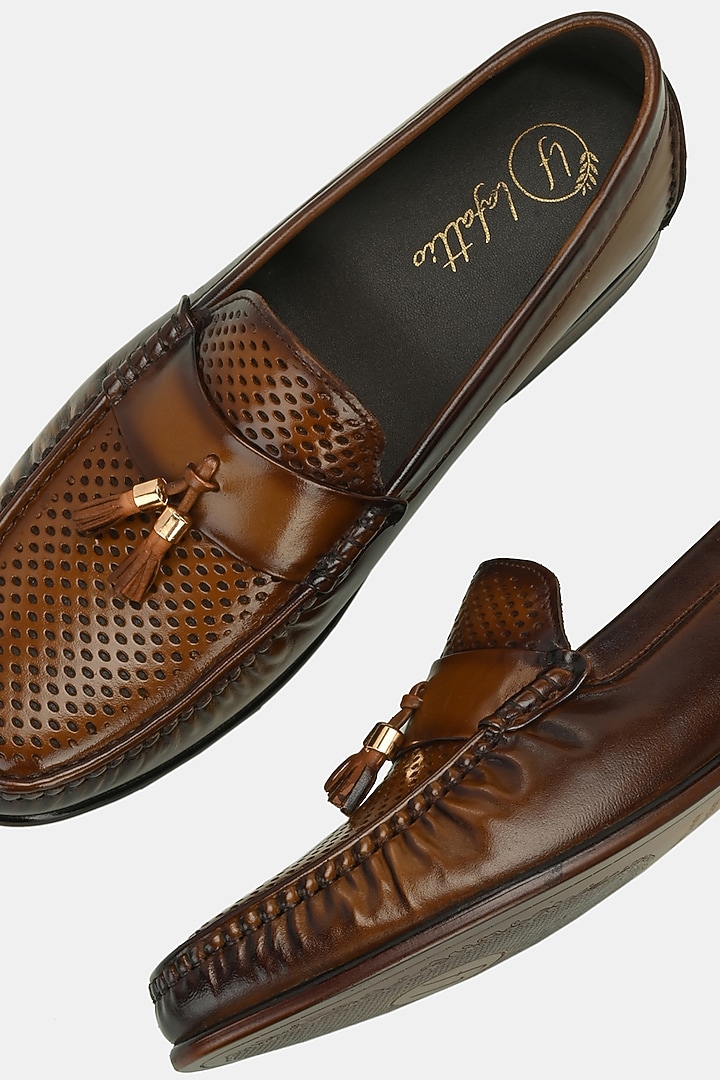 Tan Leather Handpainted Loafers by LAFATTIO at Pernia's Pop Up Shop