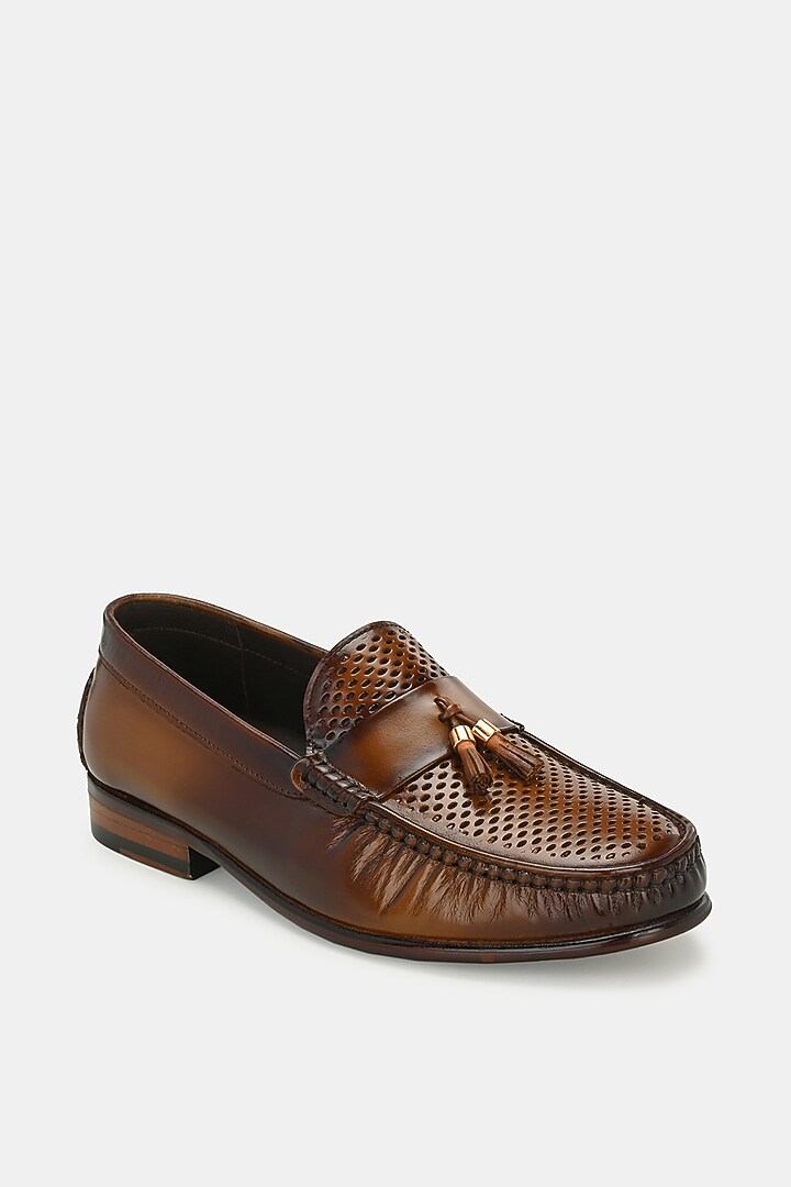Tan Leather Handpainted Loafers by LAFATTIO at Pernia's Pop Up Shop