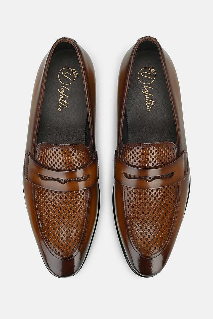 Tan Leather Handpainted Penny Loafers by LAFATTIO at Pernia's Pop Up Shop