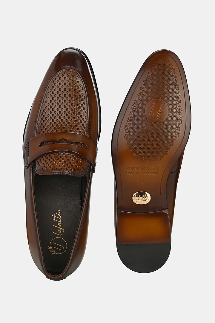 Tan Leather Handpainted Penny Loafers by LAFATTIO at Pernia's Pop Up Shop