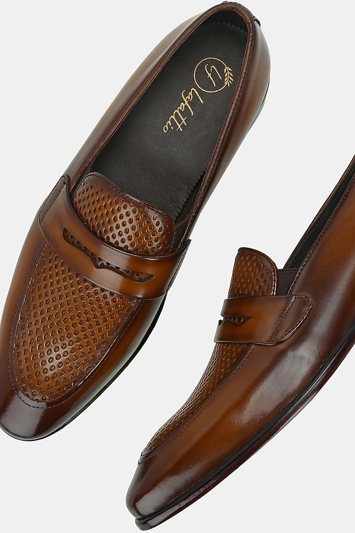 Tan Leather Handpainted Penny Loafers by LAFATTIO at Pernia's Pop Up Shop