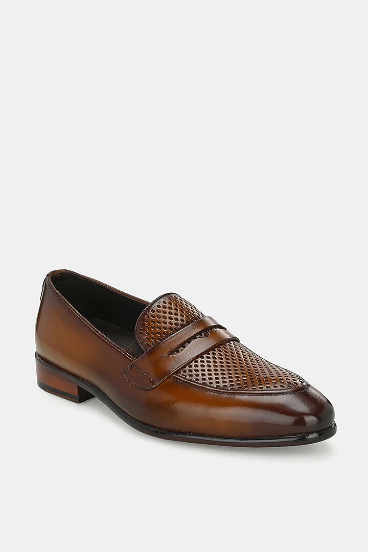 Tan Leather Handpainted Penny Loafers by LAFATTIO at Pernia's Pop Up Shop