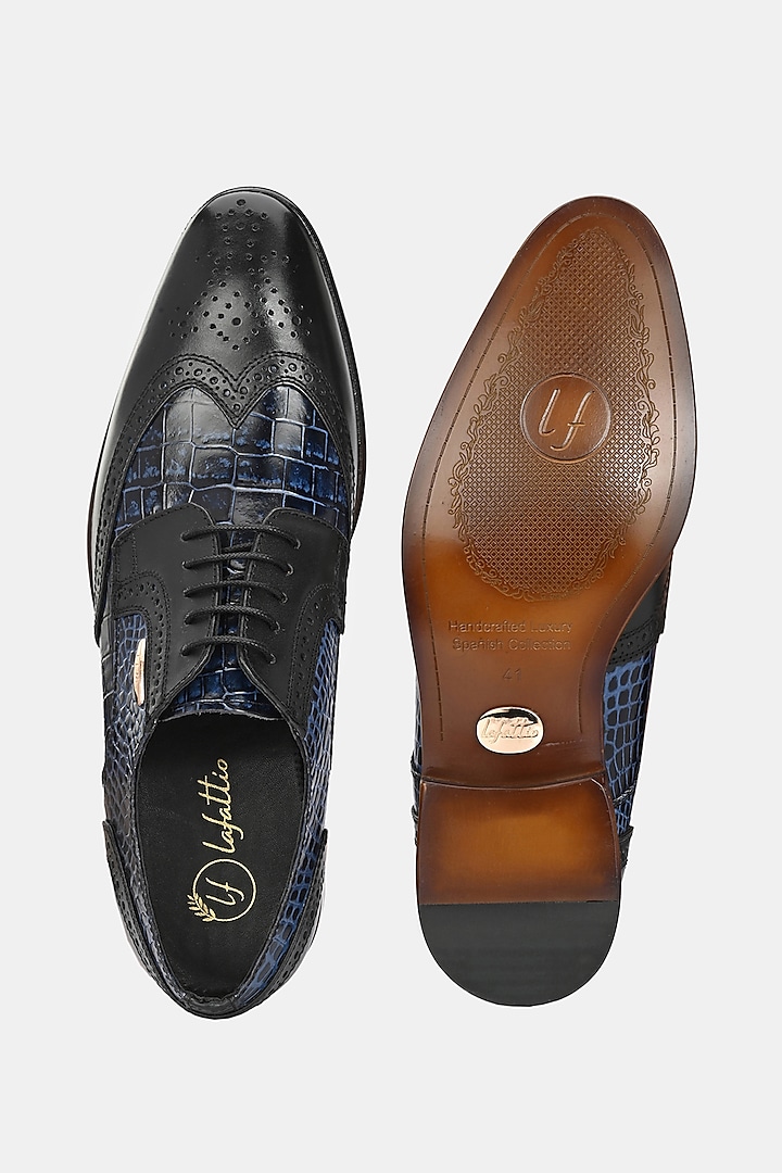 Blue Leather Handpainted Lace-Up Brogues by LAFATTIO