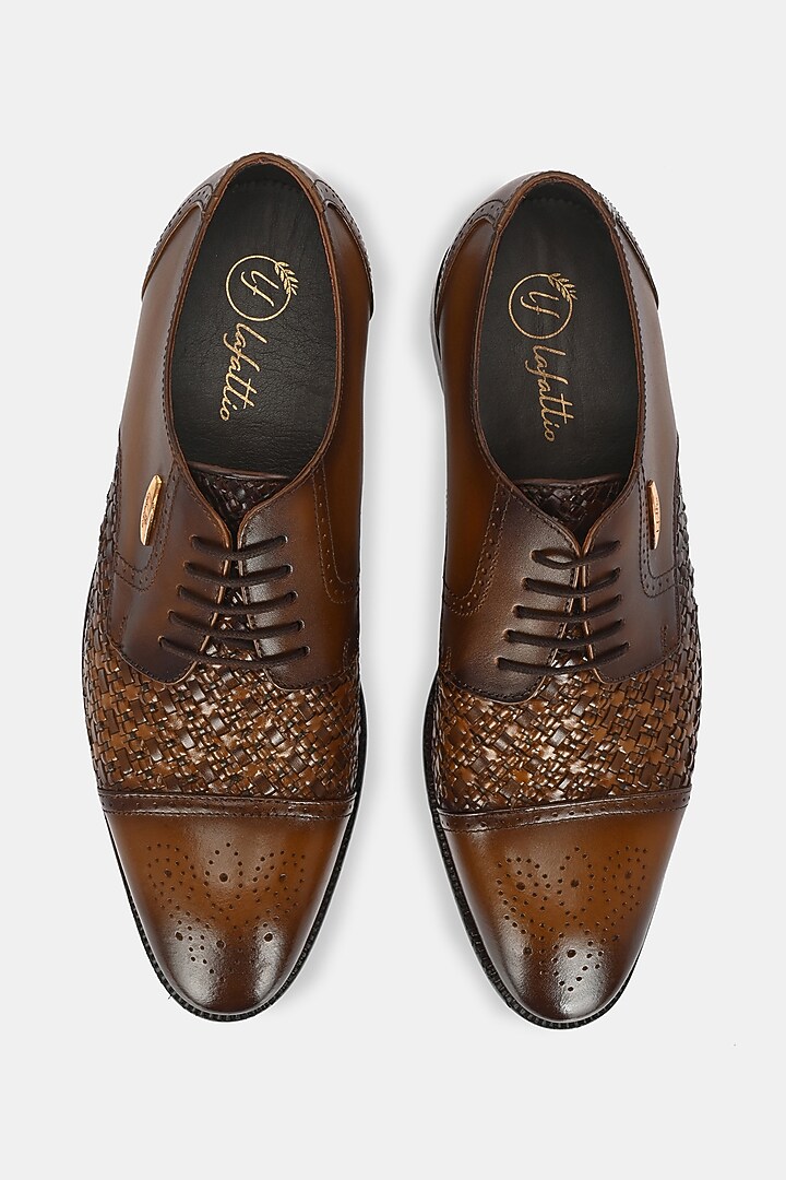 Tan Leather Handpainted Lace-Up Semi Brogues by LAFATTIO at Pernia's Pop Up Shop